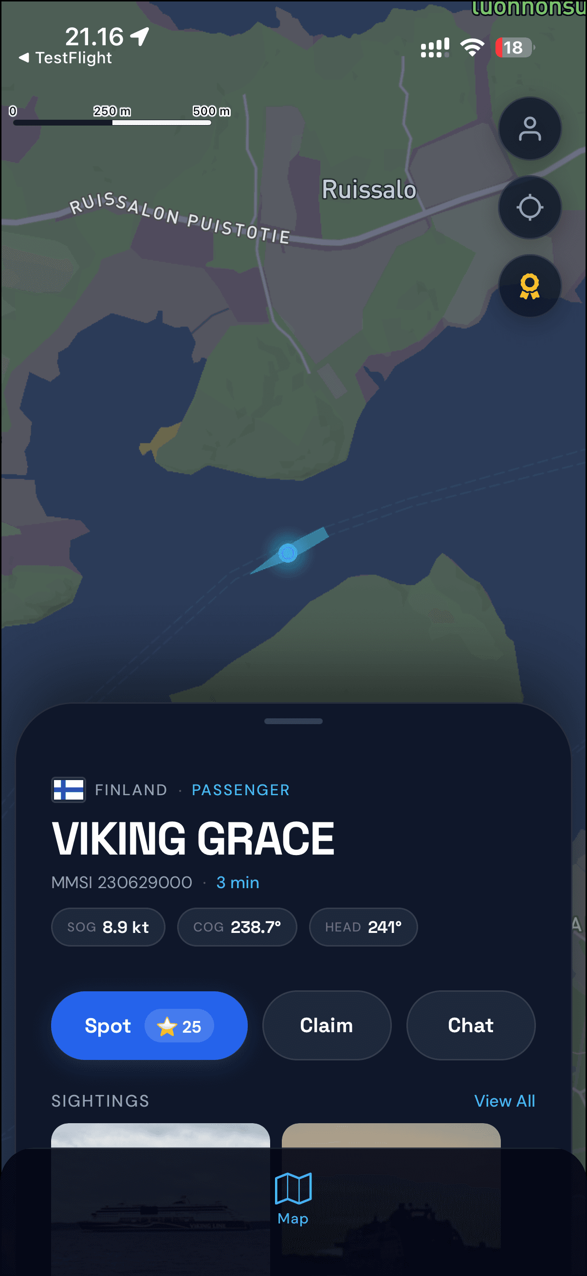 Boat detail sheet for the Viking Grace ferry with Spot, Claim, and Chat buttons
